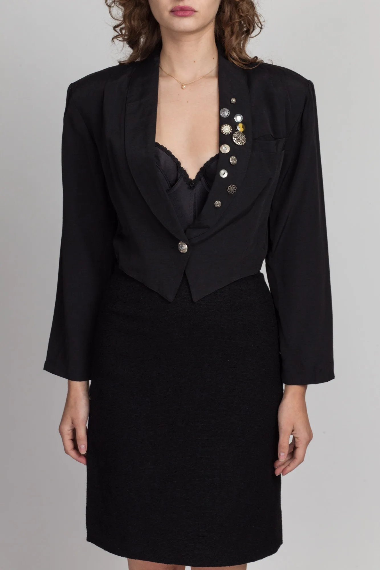 80s 90s Black Decorative Button Cropped Blazer - Small