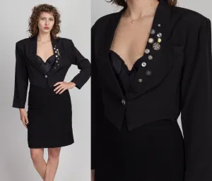 80s 90s Black Decorative Button Cropped Blazer - Small