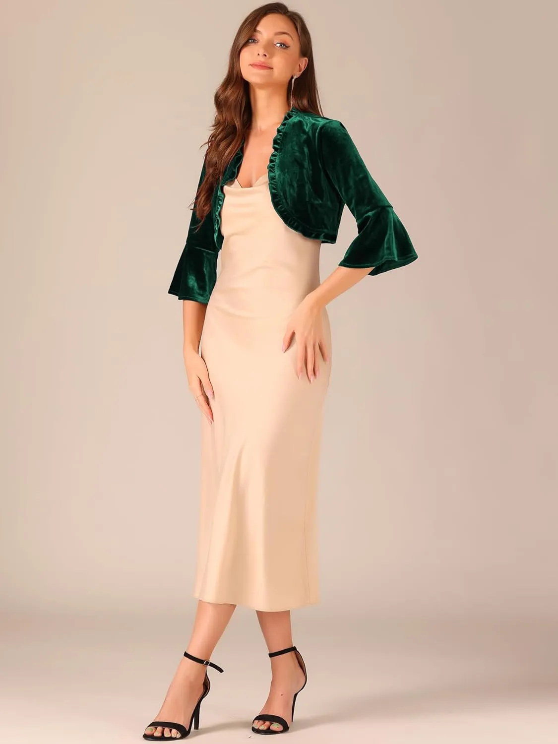Allegra K Velvet Shrug Top for Women's 3/4 Sleeve Open Front Ruffled Cocktail Party Cropped Cardigan