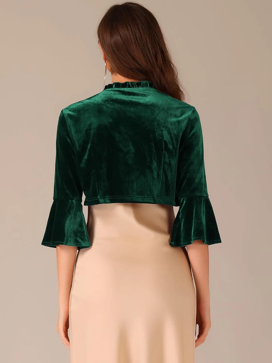 Allegra K Velvet Shrug Top for Women's 3/4 Sleeve Open Front Ruffled Cocktail Party Cropped Cardigan