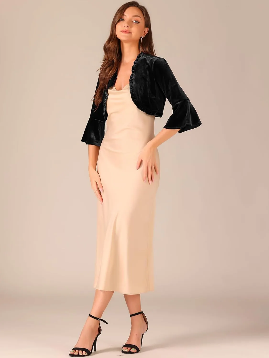 Allegra K Velvet Shrug Top for Women's 3/4 Sleeve Open Front Ruffled Cocktail Party Cropped Cardigan