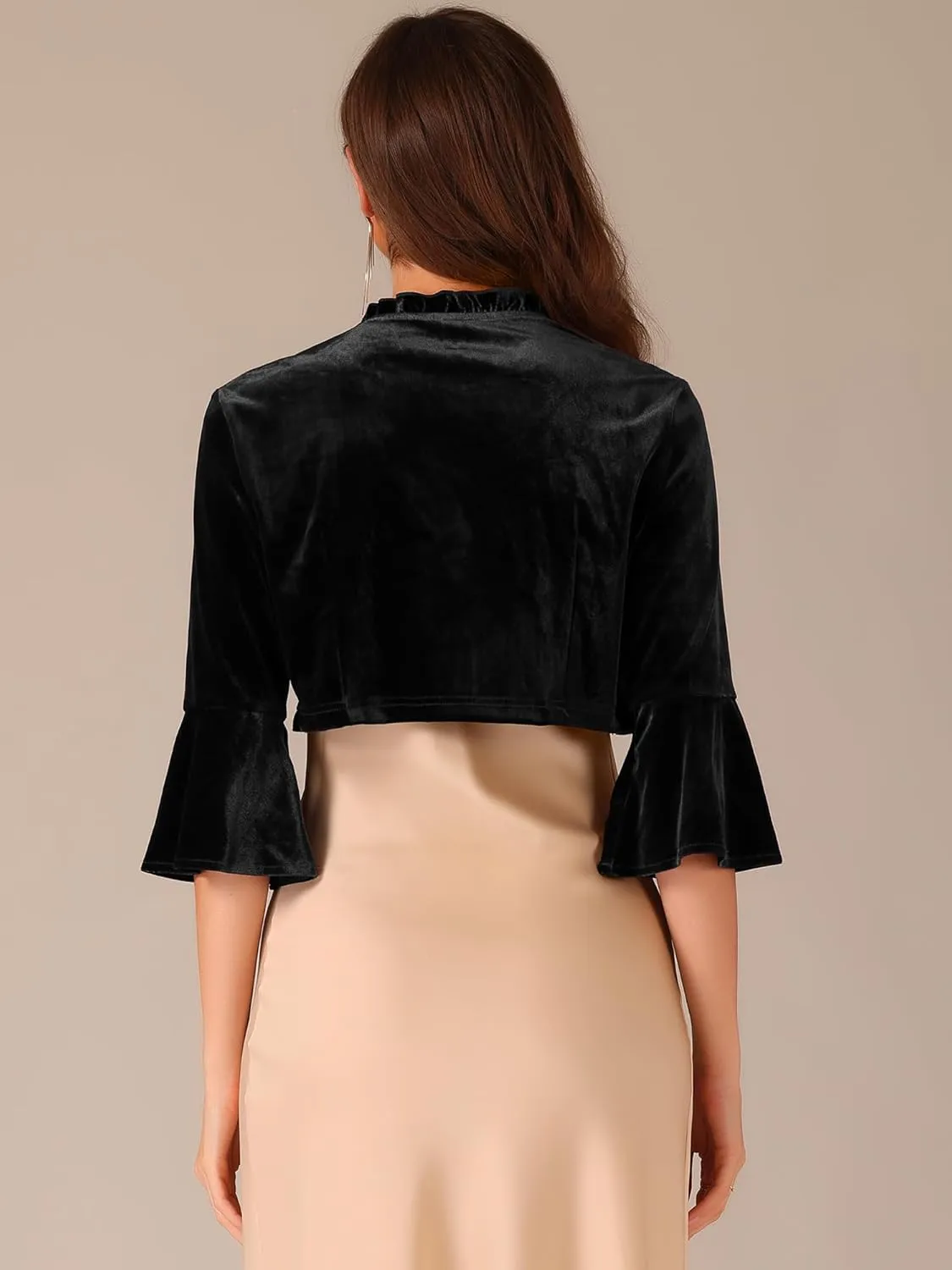 Allegra K Velvet Shrug Top for Women's 3/4 Sleeve Open Front Ruffled Cocktail Party Cropped Cardigan