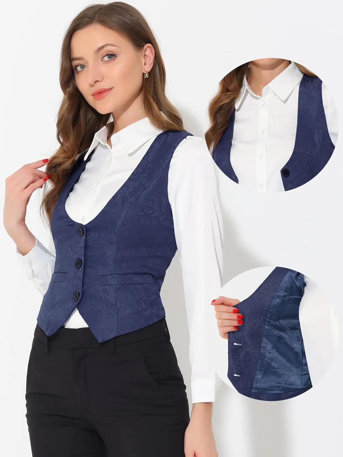 Allegra K Vintage Vest for Women's Button Up Jacquard Steampunk Suit Waistcoat with Pockets
