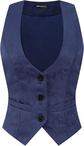Allegra K Vintage Vest for Women's Button Up Jacquard Steampunk Suit Waistcoat with Pockets