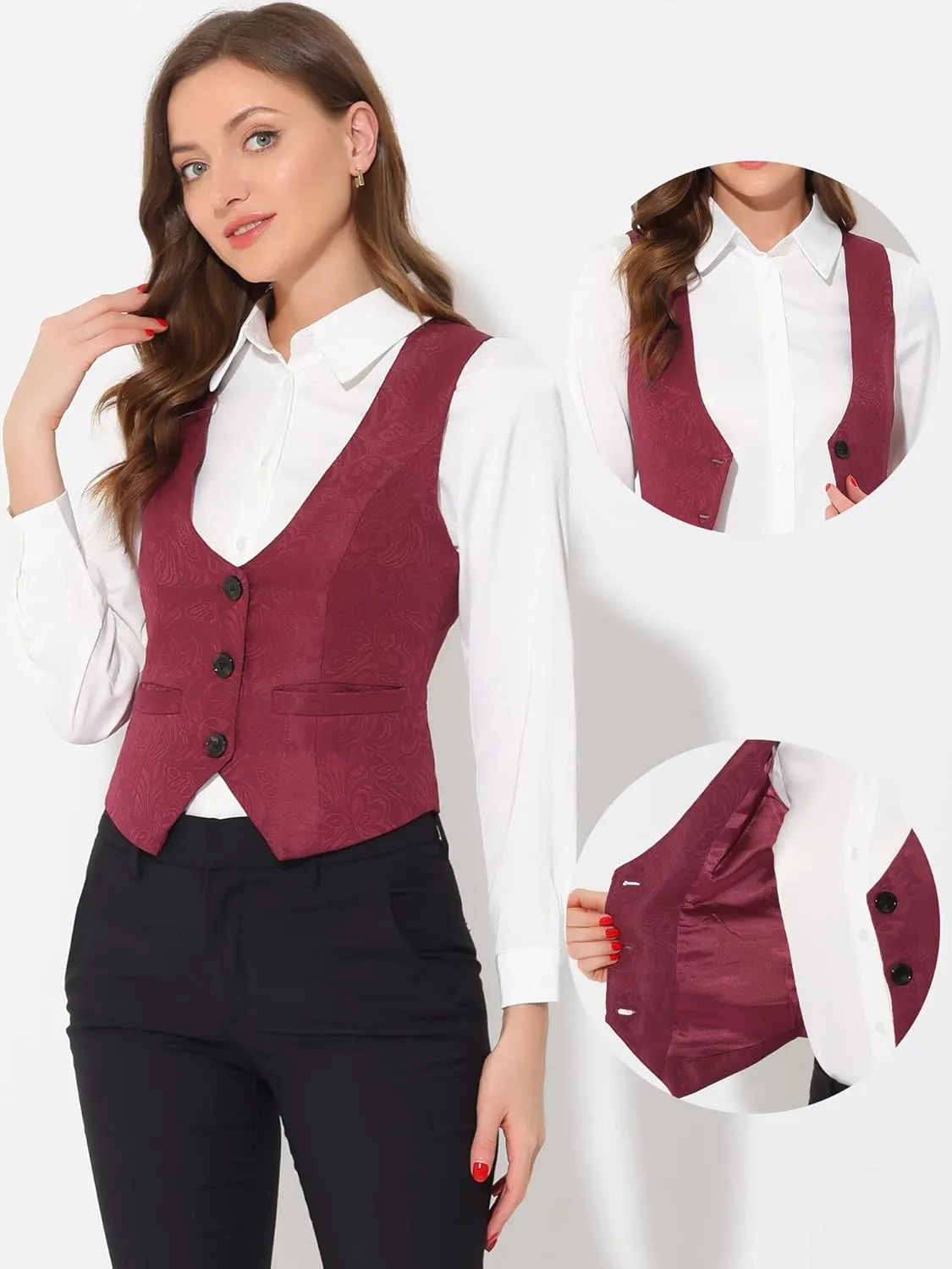 Allegra K Vintage Vest for Women's Button Up Jacquard Steampunk Suit Waistcoat with Pockets