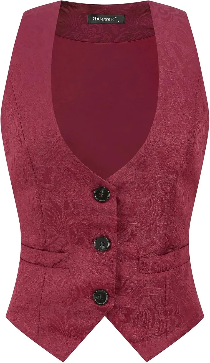 Allegra K Vintage Vest for Women's Button Up Jacquard Steampunk Suit Waistcoat with Pockets