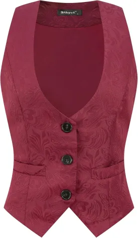 Allegra K Vintage Vest for Women's Button Up Jacquard Steampunk Suit Waistcoat with Pockets