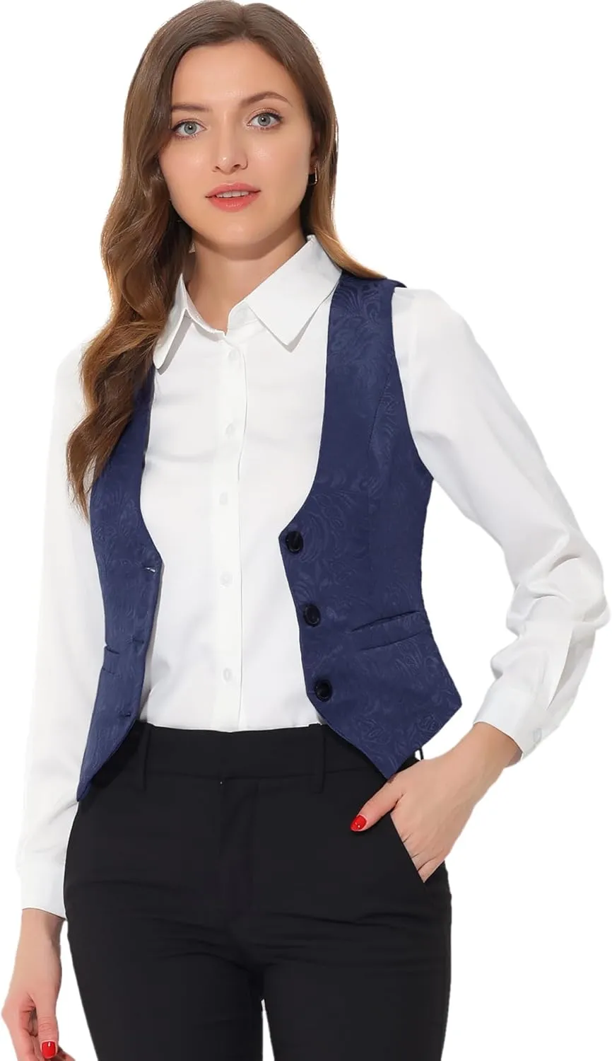 Allegra K Vintage Vest for Women's Button Up Jacquard Steampunk Suit Waistcoat with Pockets