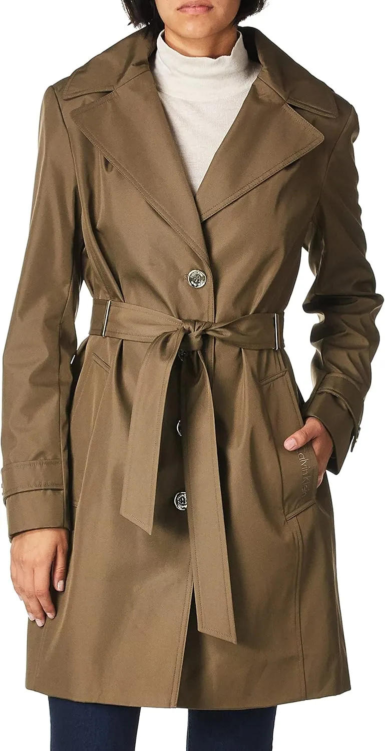 Calvin Klein Women's Single Breasted Belted Rain Jacket With Removable Hood