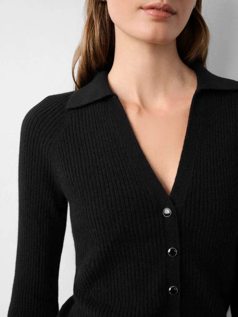 CASHMERE RIBBED POLO TOP IN BLACK