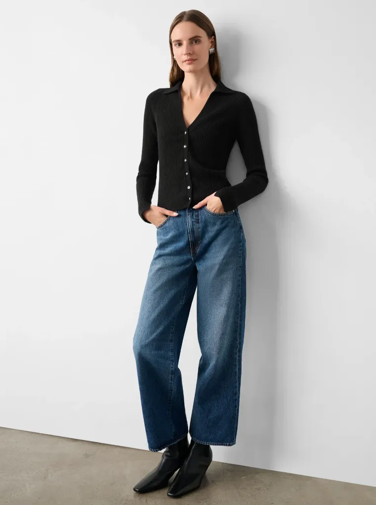CASHMERE RIBBED POLO TOP IN BLACK