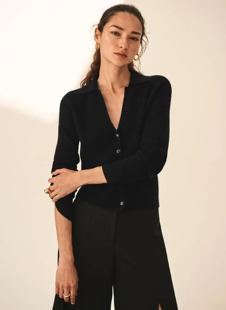 CASHMERE RIBBED POLO TOP IN BLACK