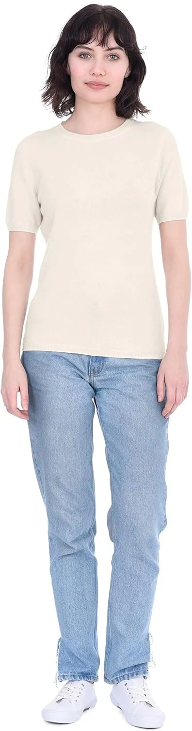 Cashmeren Short Sleeve Crewneck Sweater Top 100% Cashmere Jewel Neck Pullover Tee for Women