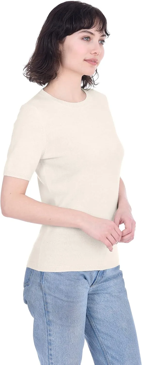 Cashmeren Short Sleeve Crewneck Sweater Top 100% Cashmere Jewel Neck Pullover Tee for Women