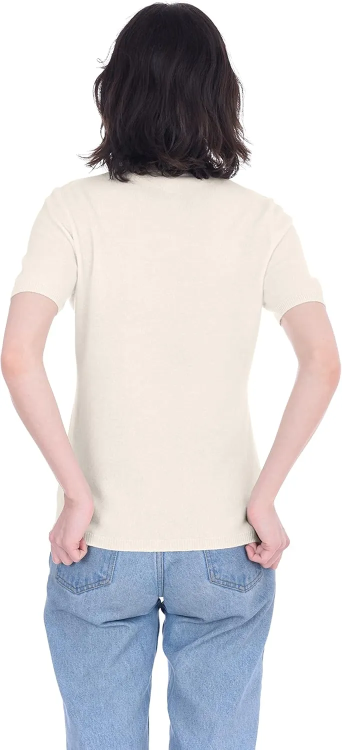 Cashmeren Short Sleeve Crewneck Sweater Top 100% Cashmere Jewel Neck Pullover Tee for Women