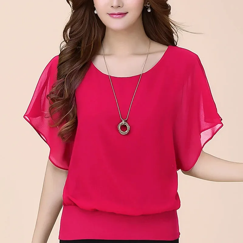 Casual Women Chiffon Blouse Female Solid Short Sleeve Ruffle Batwing Summer Beach Thin Shirt 5Xl Plus Size Office Work Loose Top