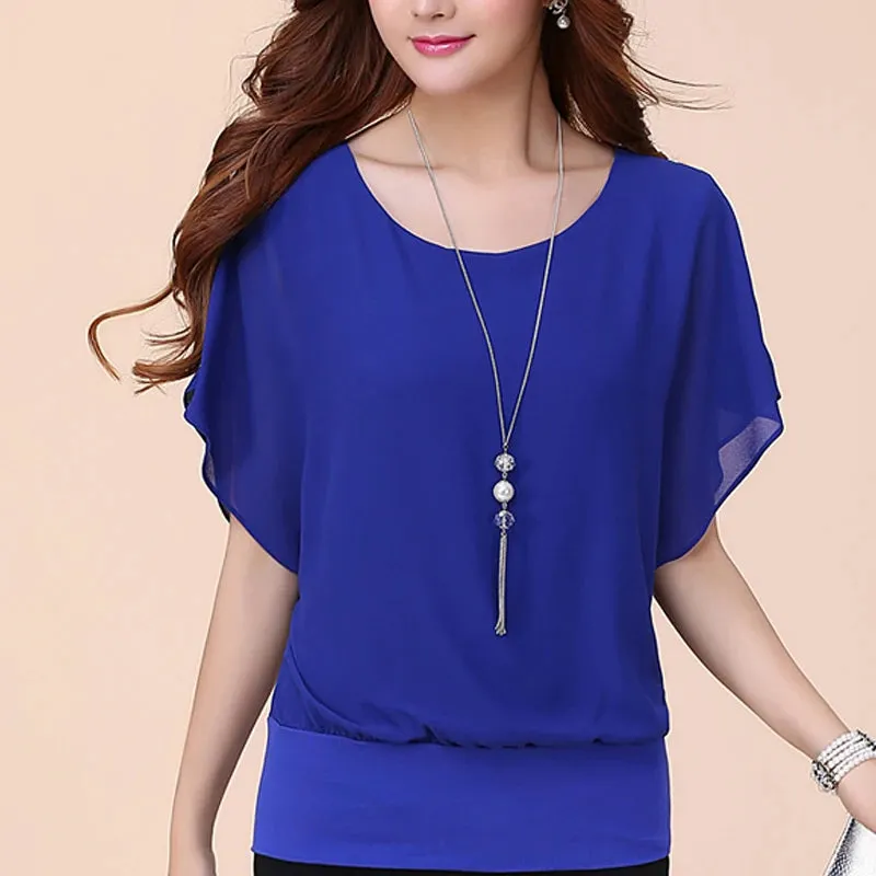 Casual Women Chiffon Blouse Female Solid Short Sleeve Ruffle Batwing Summer Beach Thin Shirt 5Xl Plus Size Office Work Loose Top