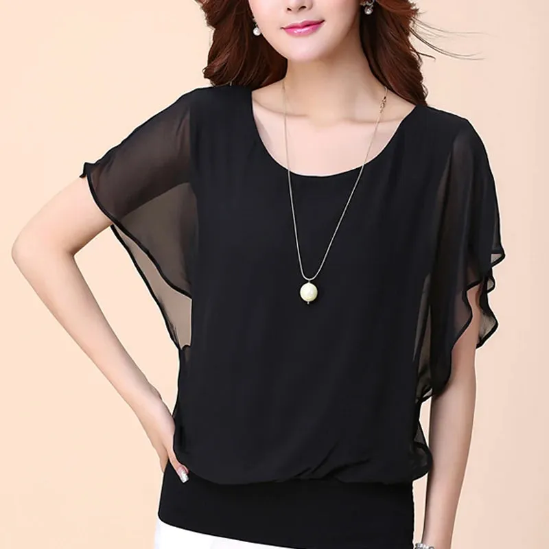 Casual Women Chiffon Blouse Female Solid Short Sleeve Ruffle Batwing Summer Beach Thin Shirt 5Xl Plus Size Office Work Loose Top