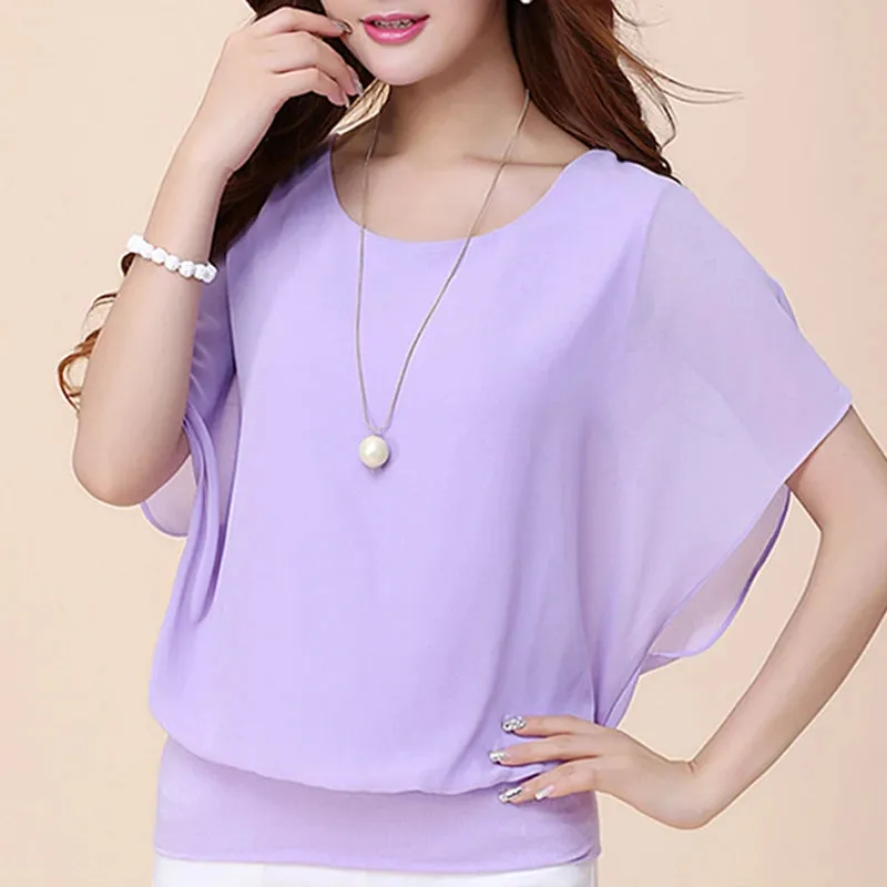 Casual Women Chiffon Blouse Female Solid Short Sleeve Ruffle Batwing Summer Beach Thin Shirt 5Xl Plus Size Office Work Loose Top