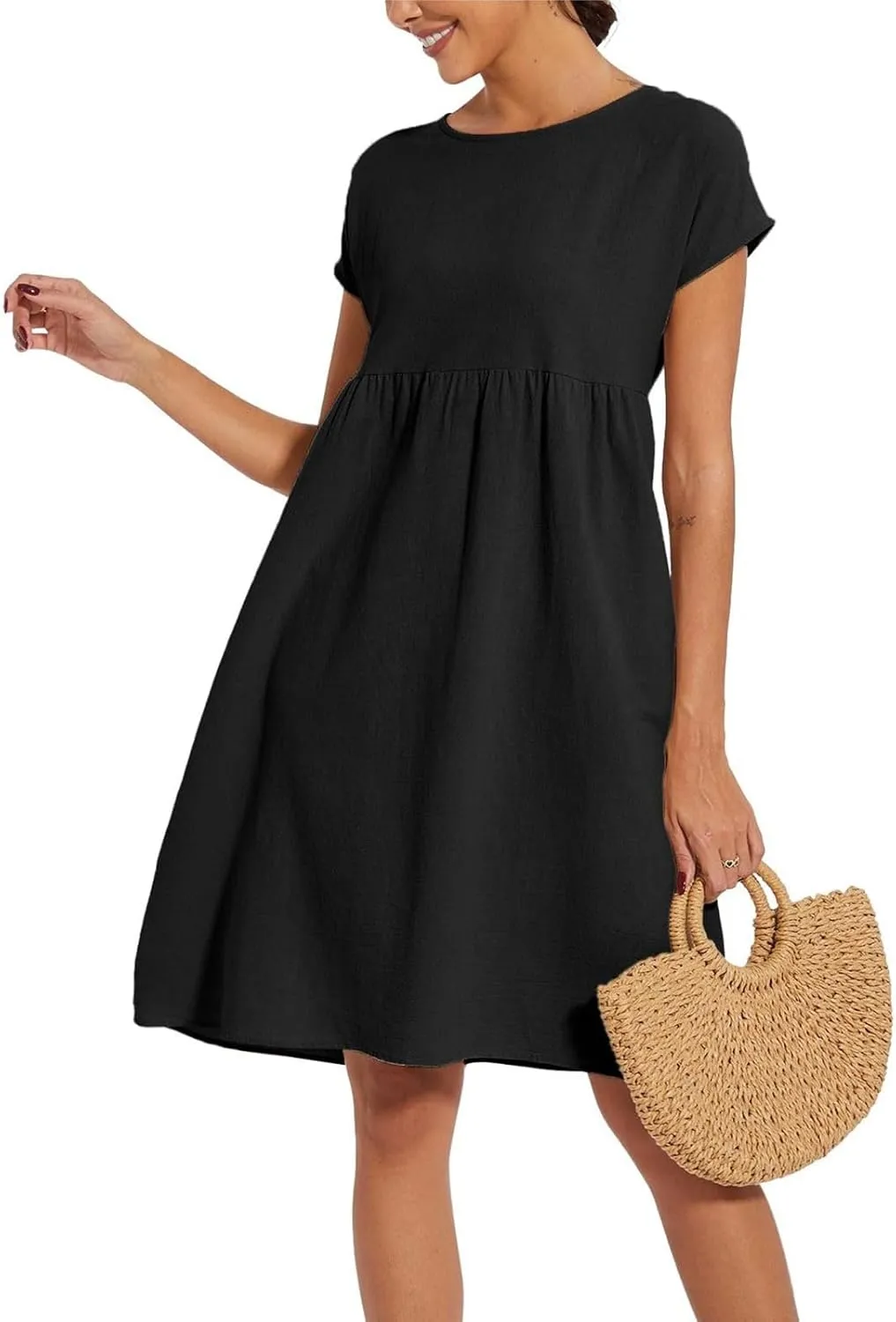 Cotton Dresses for Women 2024 Summer Linen Casual Beach Midi Dress Short Sleeve Loose Flowy Sundress with Pockets