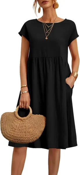 Cotton Dresses for Women 2024 Summer Linen Casual Beach Midi Dress Short Sleeve Loose Flowy Sundress with Pockets