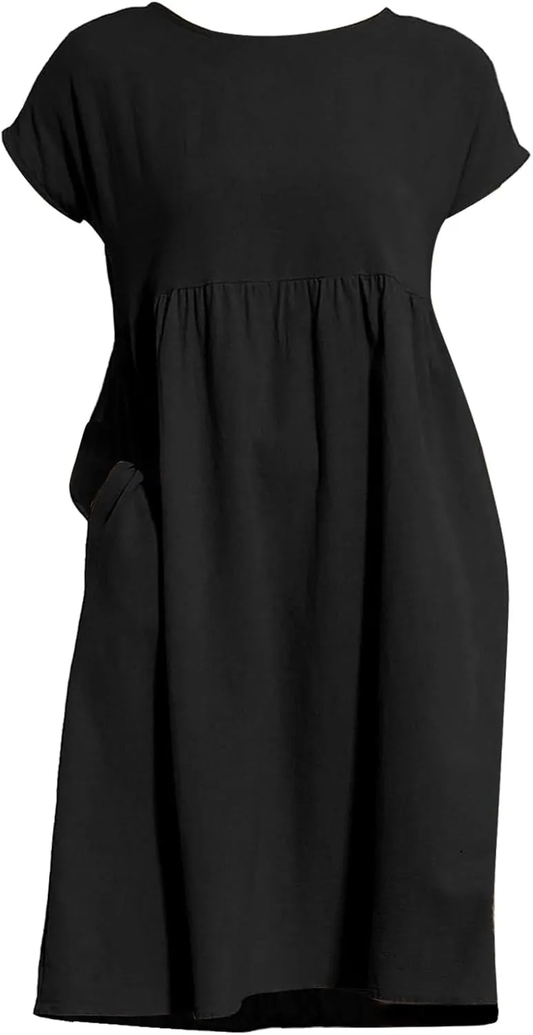 Cotton Dresses for Women 2024 Summer Linen Casual Beach Midi Dress Short Sleeve Loose Flowy Sundress with Pockets