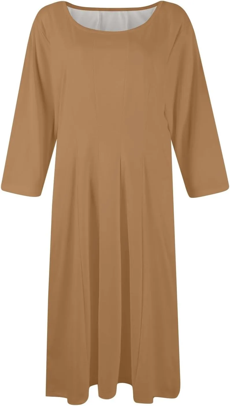 Dress for Women Casual Spring 3/4 Sleeve Ruched Dresses Midi Crew Neck A Line Solid Color with Pockets
