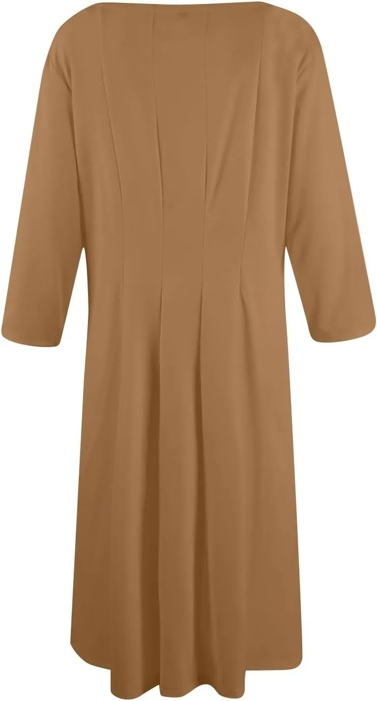Dress for Women Casual Spring 3/4 Sleeve Ruched Dresses Midi Crew Neck A Line Solid Color with Pockets