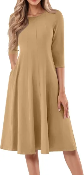 Dress for Women Casual Spring 3/4 Sleeve Ruched Dresses Midi Crew Neck A Line Solid Color with Pockets
