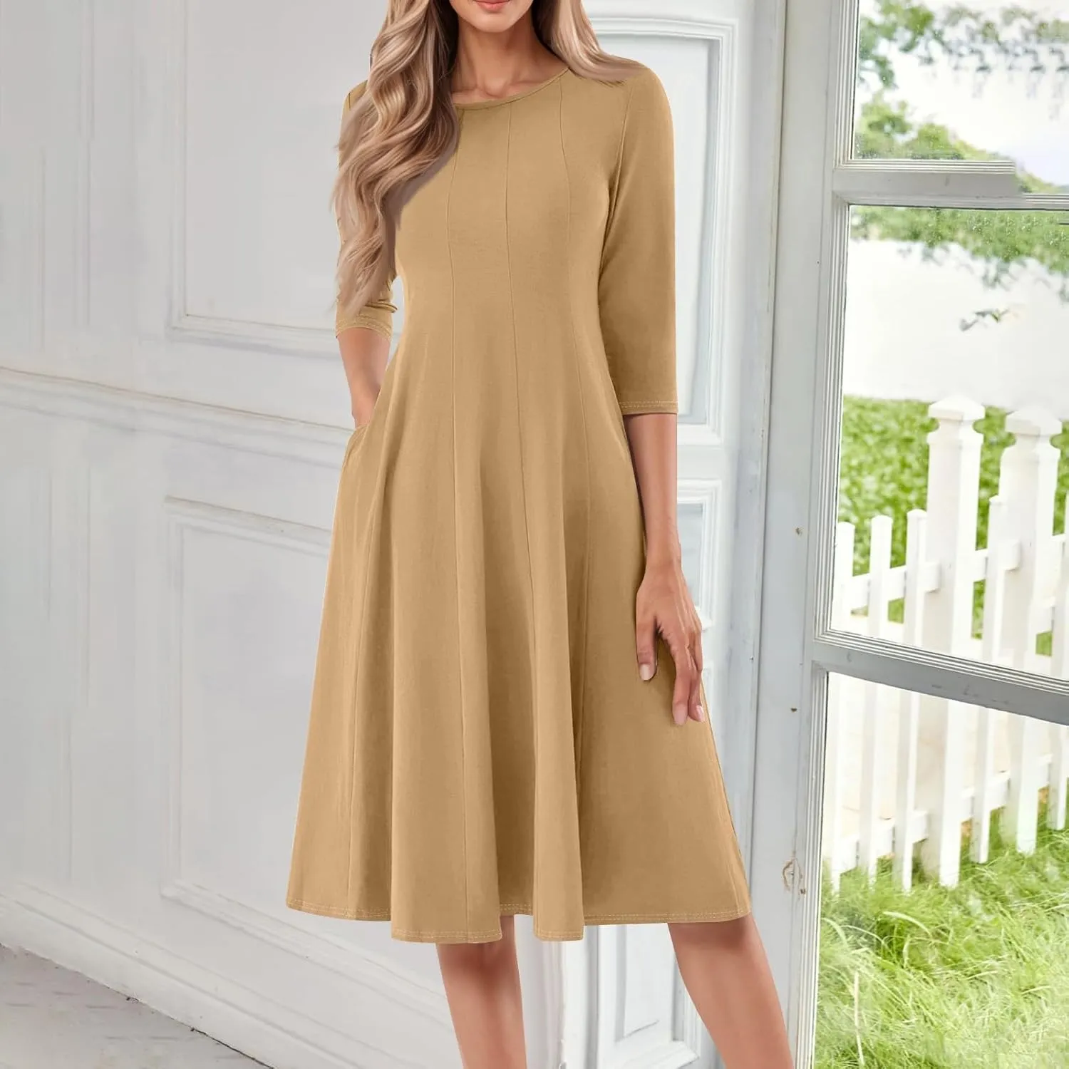 Dress for Women Casual Spring 3/4 Sleeve Ruched Dresses Midi Crew Neck A Line Solid Color with Pockets