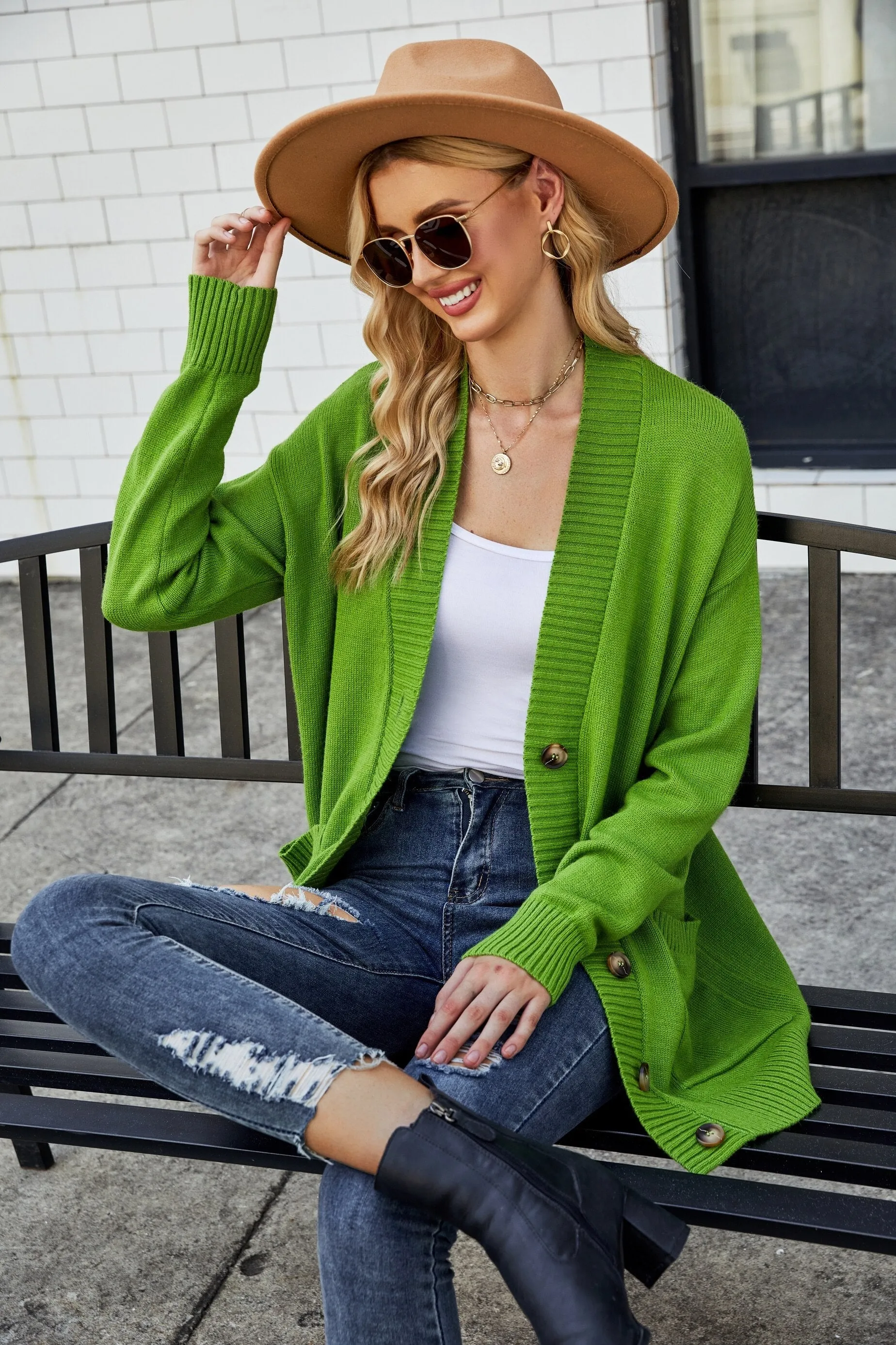 DressBetty - V-Neck Single Breasted Pockets Cardigan