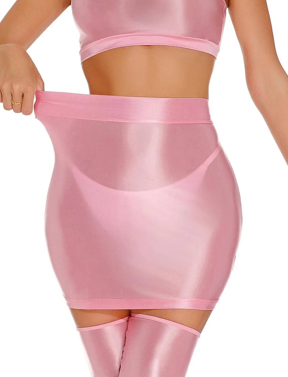 FEOYA Women??s Oil Shiny Bodycon Skirts Silky Smooth Pencil Mini Skirts Sexy Glossy Hot Skirts Club Party