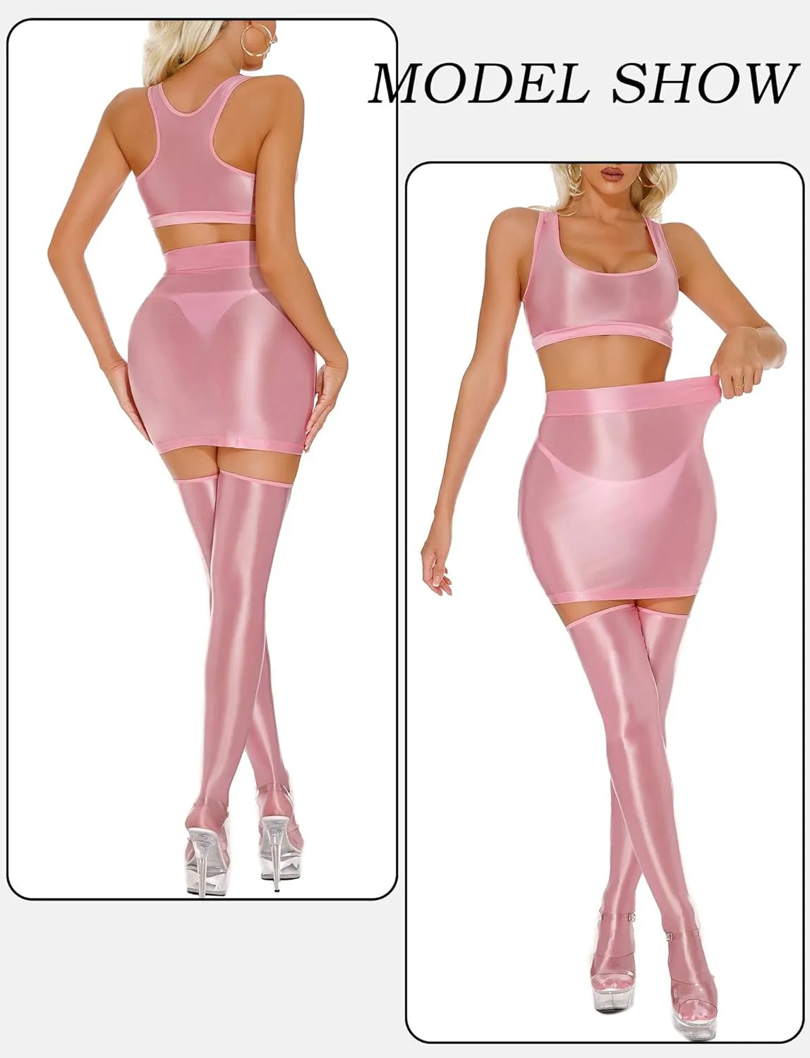 FEOYA Women??s Oil Shiny Bodycon Skirts Silky Smooth Pencil Mini Skirts Sexy Glossy Hot Skirts Club Party