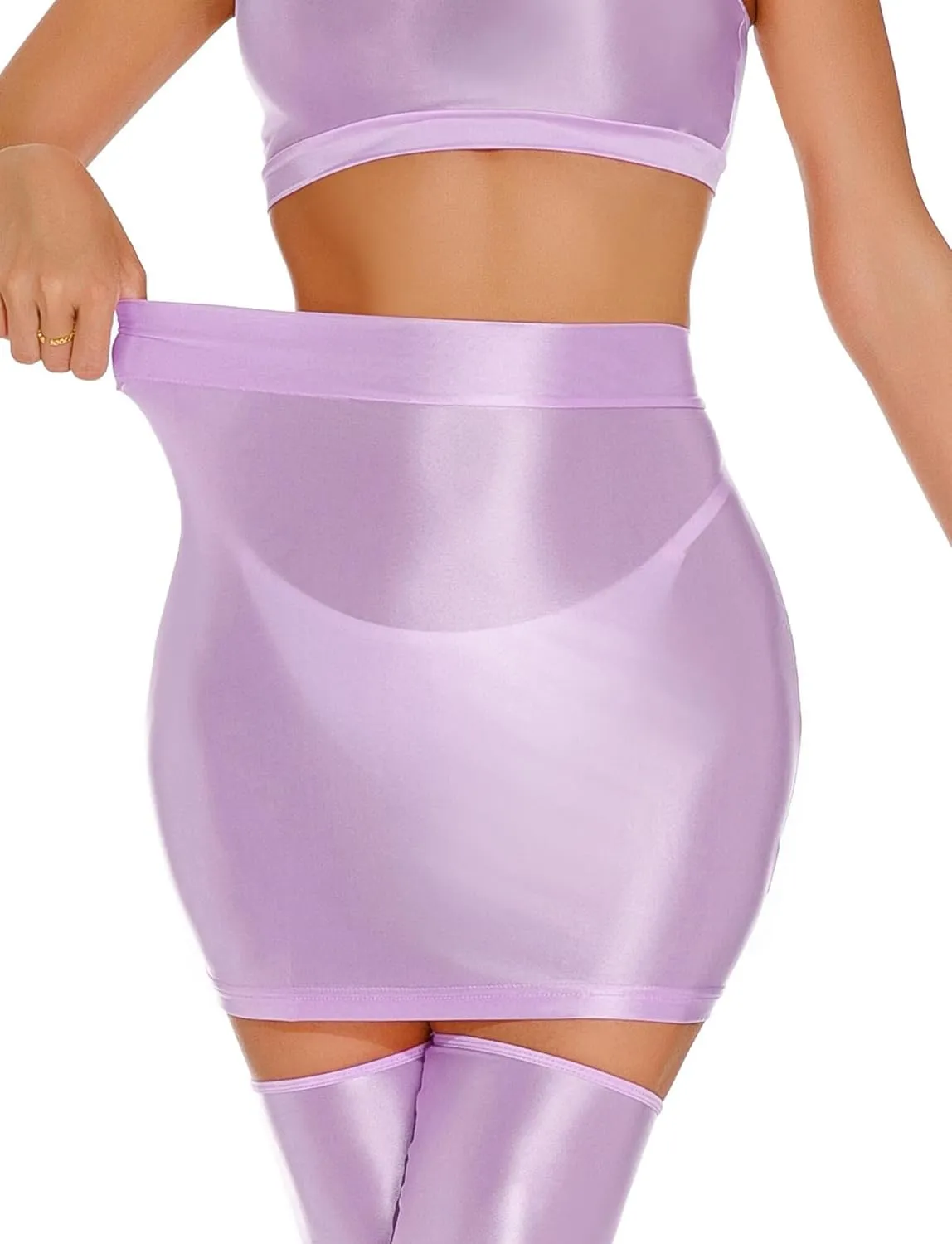 FEOYA Women??s Oil Shiny Bodycon Skirts Silky Smooth Pencil Mini Skirts Sexy Glossy Hot Skirts Club Party