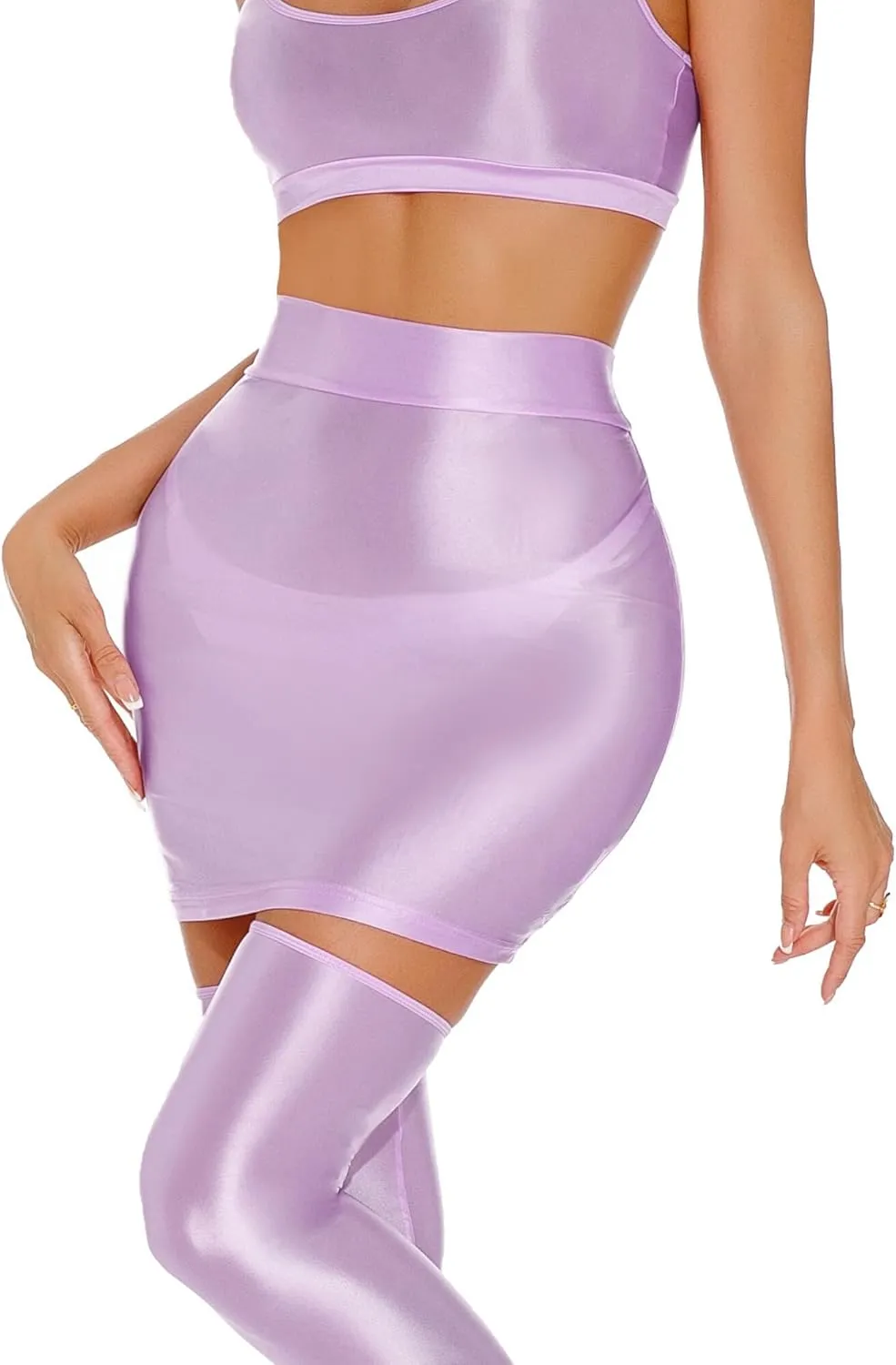 FEOYA Women??s Oil Shiny Bodycon Skirts Silky Smooth Pencil Mini Skirts Sexy Glossy Hot Skirts Club Party