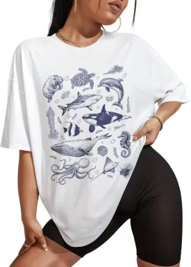 Flafens Oversized Tshirts for Women - T Shirt Graphic Tees Loose Crewneck Pattern Sleeve Cute Print Fashion Summer Tops