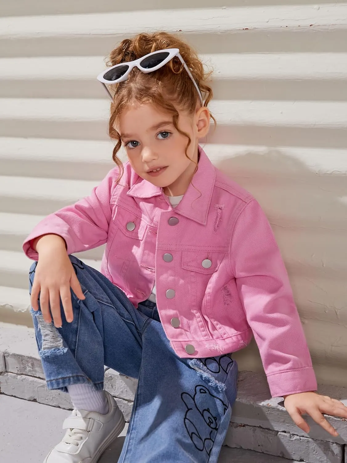 Floerns Girl's Vintage Basic Distressed Long Sleeve Single Breasted Crop Top Denim Jacket