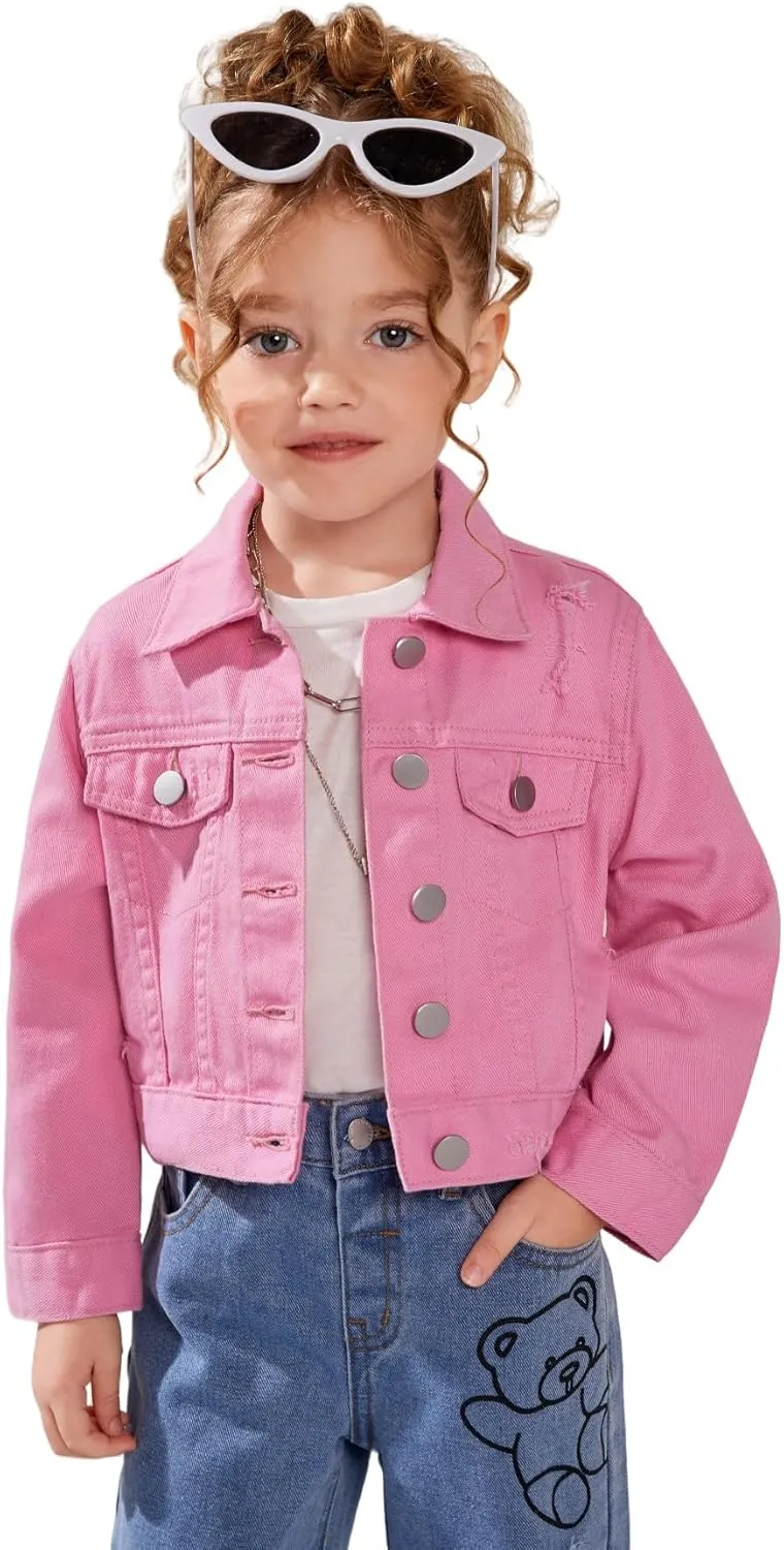 Floerns Girl's Vintage Basic Distressed Long Sleeve Single Breasted Crop Top Denim Jacket