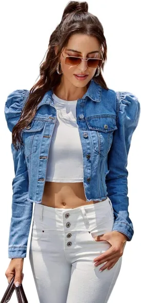 Floerns Women's Casual Ripped Puff Sleeve Button Front Jean Denim Jacket