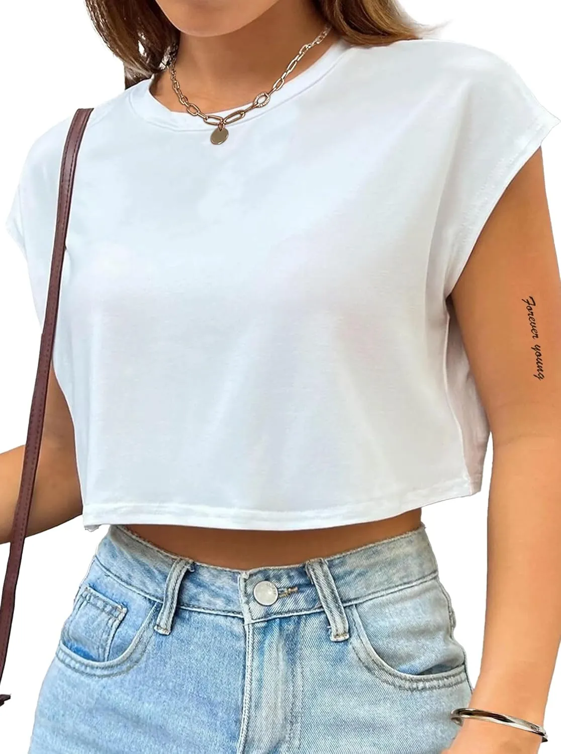 Hilinker Women's Graphic Cap Sleeve Crop Tops Summer Casual Crew Neck T Shirts Loose Fit Basic Tees