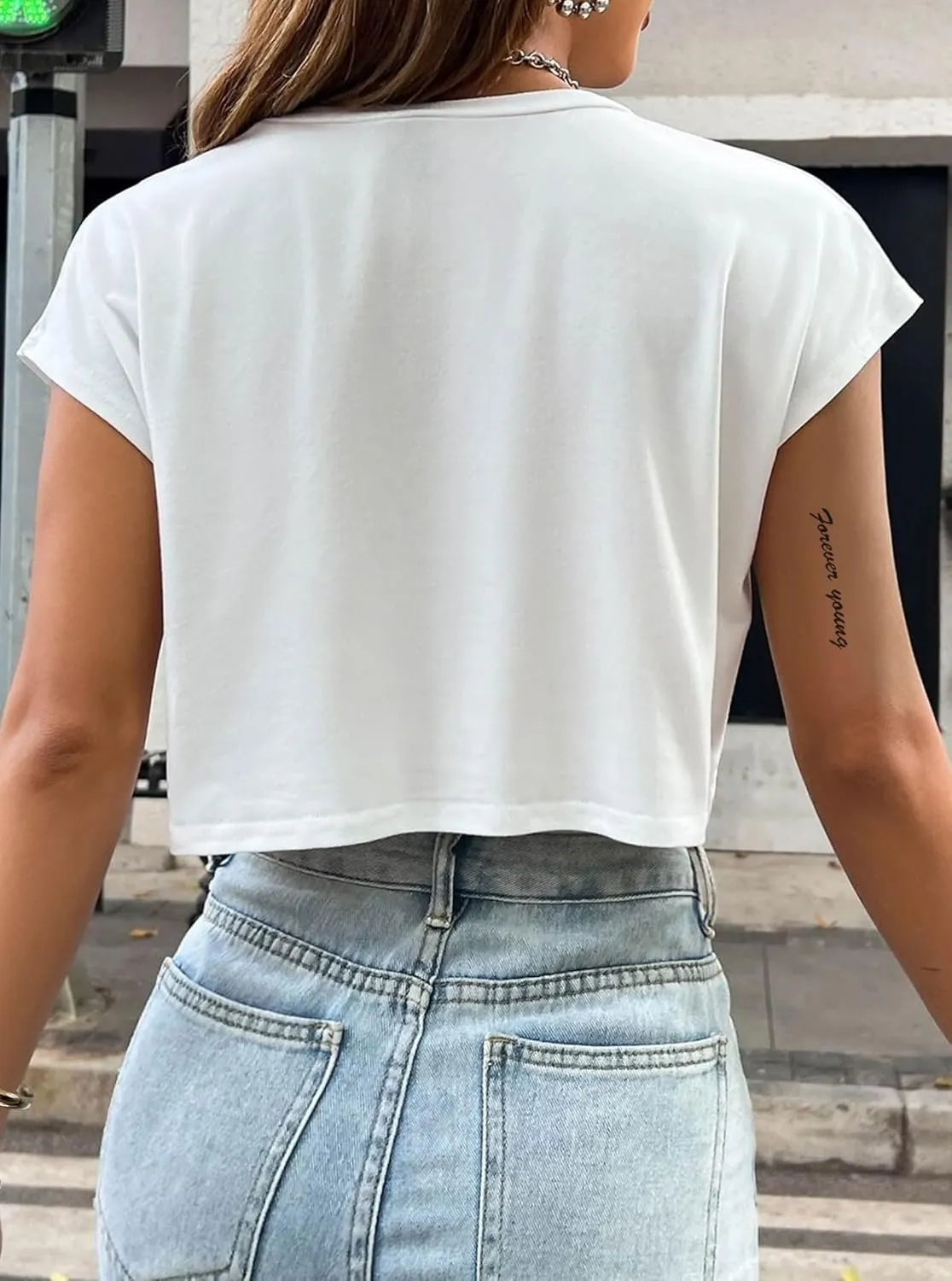 Hilinker Women's Graphic Cap Sleeve Crop Tops Summer Casual Crew Neck T Shirts Loose Fit Basic Tees