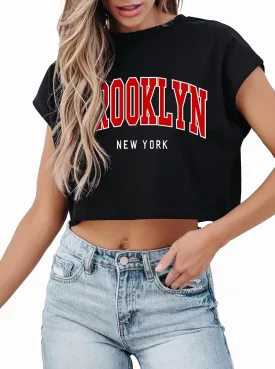 Hilinker Women's Graphic Cap Sleeve Crop Tops Summer Casual Crew Neck T Shirts Loose Fit Basic Tees