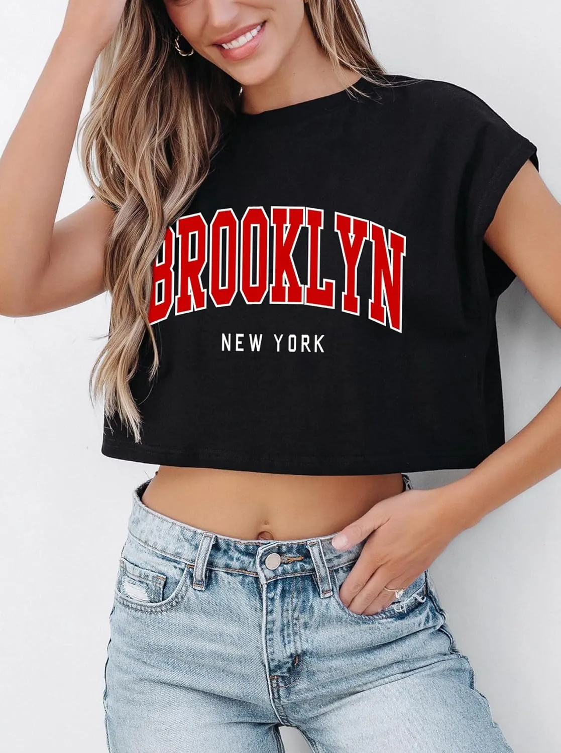 Hilinker Women's Graphic Cap Sleeve Crop Tops Summer Casual Crew Neck T Shirts Loose Fit Basic Tees