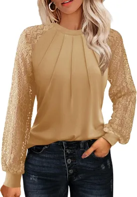 HOTOUCH Womens Lace Short/Long Sleeve Tops Dressy Casual Blouses Pleated Work Dressy Shirts Holiday Outfits S-3XL