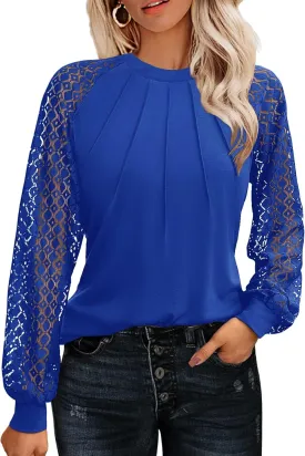 HOTOUCH Womens Lace Short/Long Sleeve Tops Dressy Casual Blouses Pleated Work Dressy Shirts Holiday Outfits S-3XL