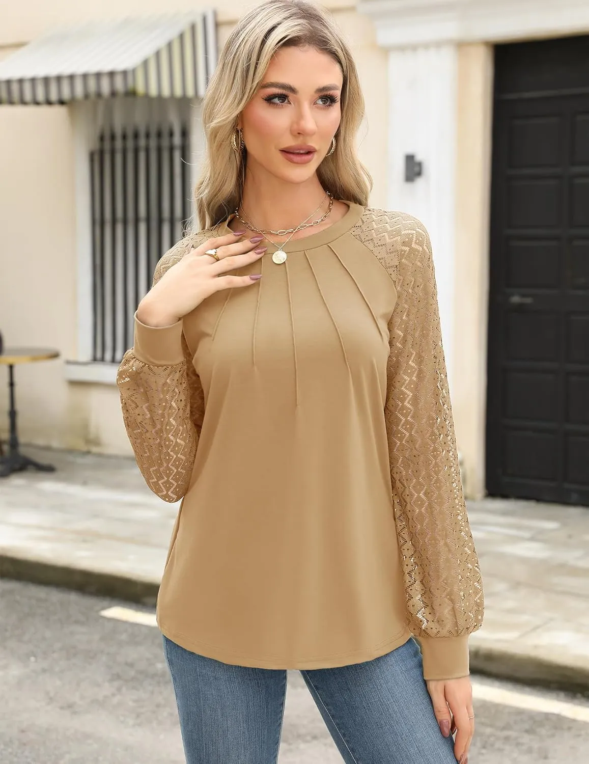 HOTOUCH Womens Lace Short/Long Sleeve Tops Dressy Casual Blouses Pleated Work Dressy Shirts Holiday Outfits S-3XL