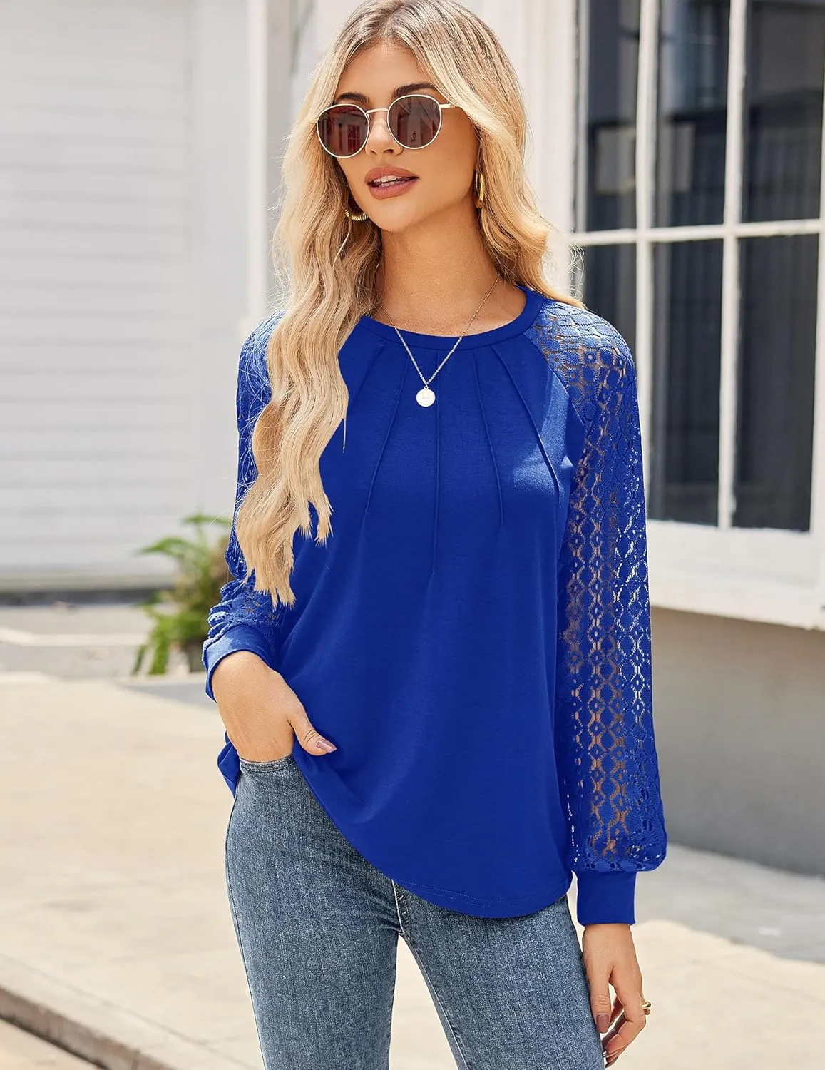 HOTOUCH Womens Lace Short/Long Sleeve Tops Dressy Casual Blouses Pleated Work Dressy Shirts Holiday Outfits S-3XL