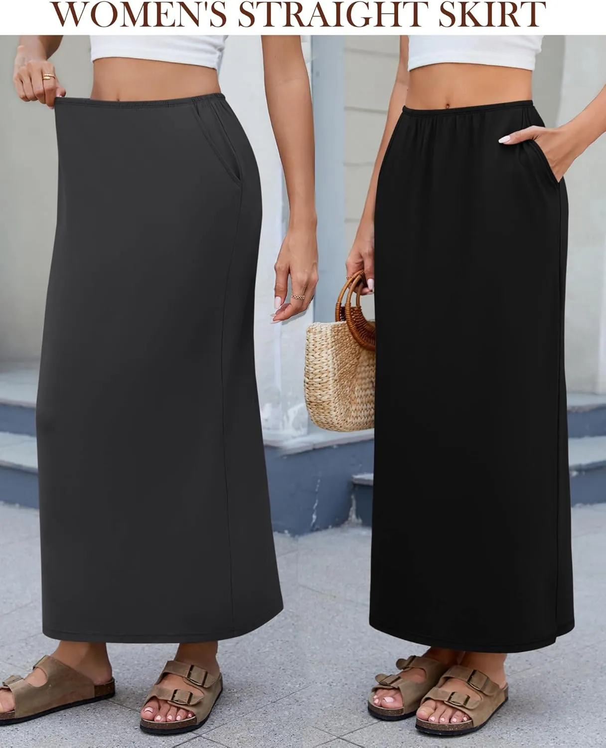 Huukeay 3 Pack Long Maxi Skirts for Women, Back Slit Ankle Length Casual Skirts Elastic Waist Soft Pencil Skirts with Pockets