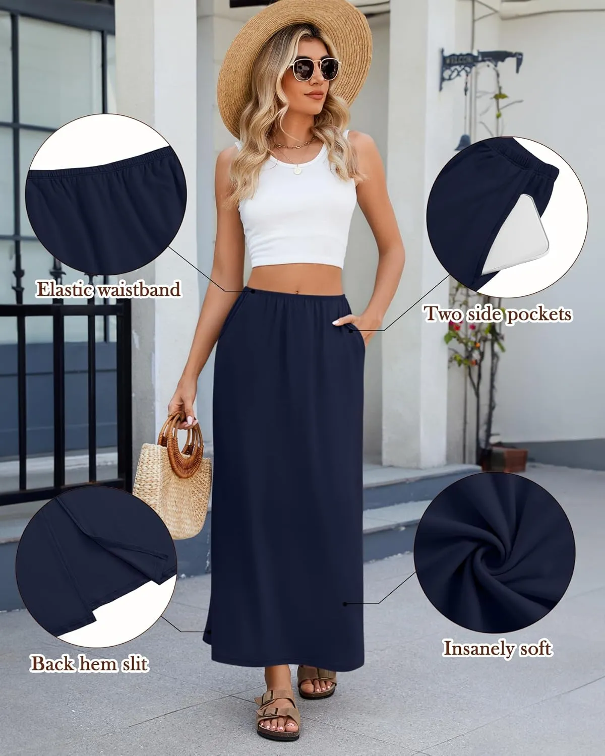 Huukeay 3 Pack Long Maxi Skirts for Women, Back Slit Ankle Length Casual Skirts Elastic Waist Soft Pencil Skirts with Pockets