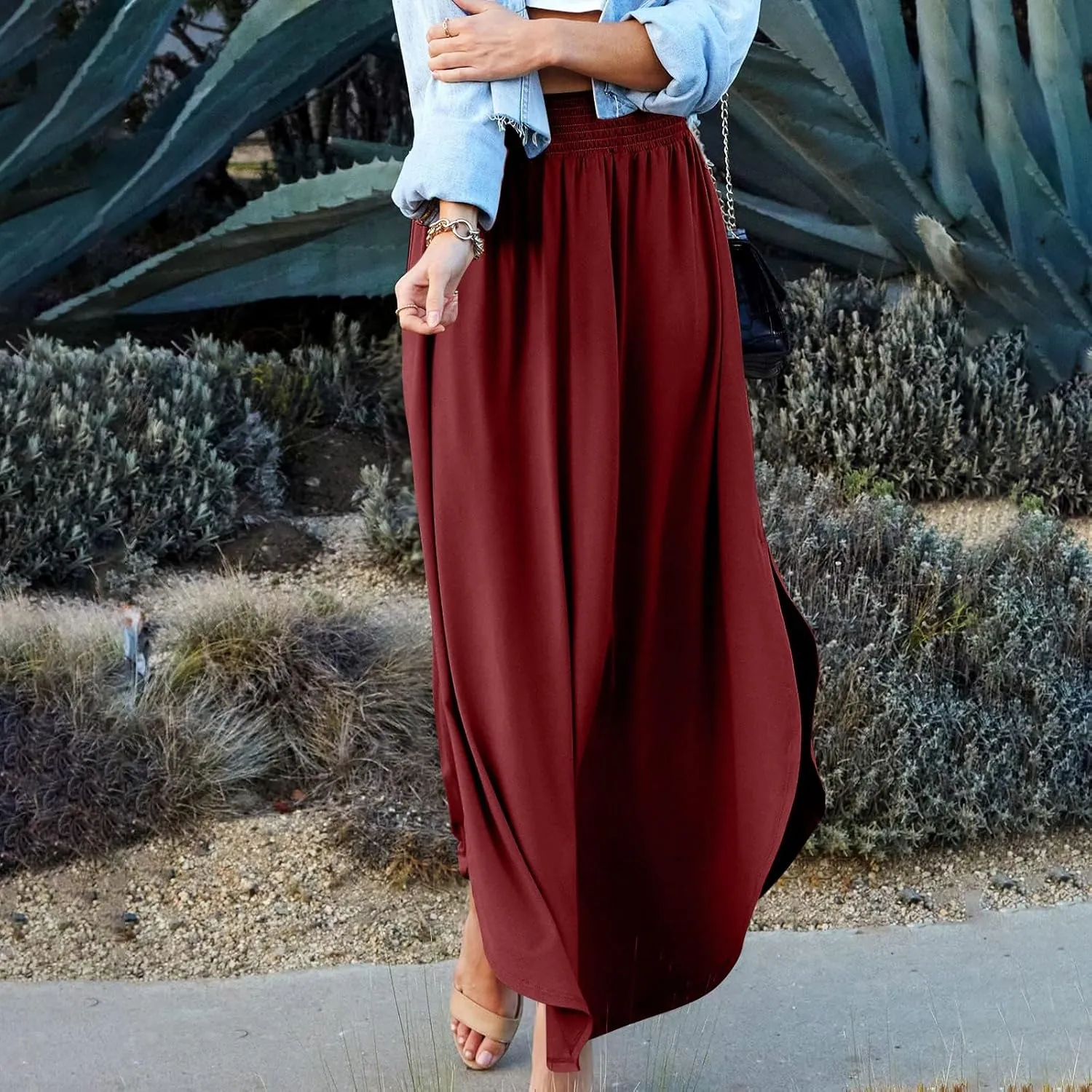 JJHAEVDY Skirts for Women Solid Irregular Hem Maxi Skirt Elastic High Waisted Skirts Loose Casual Fashion Skirts with Pockets